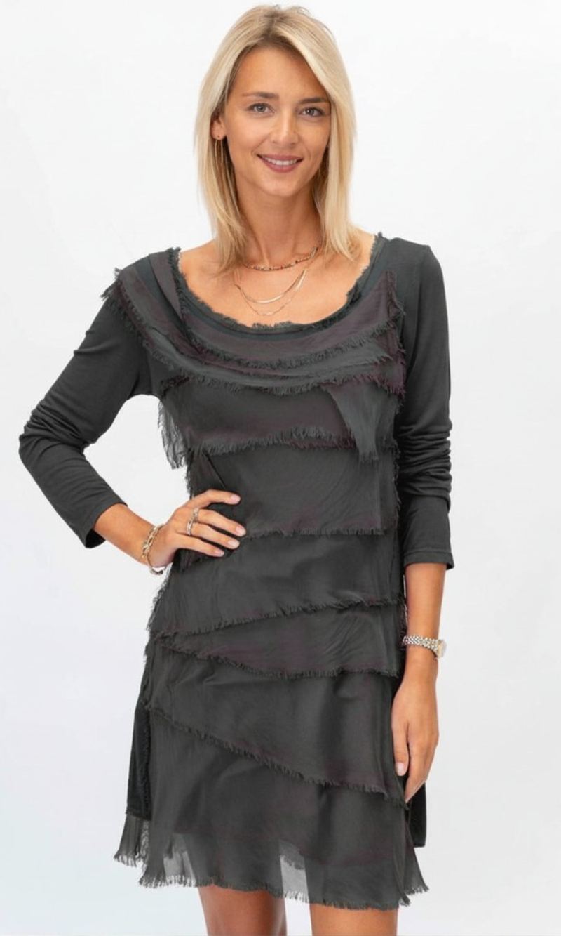 charcoal grey silk dress Long Sleeve Solid Ruffle in back_pendants