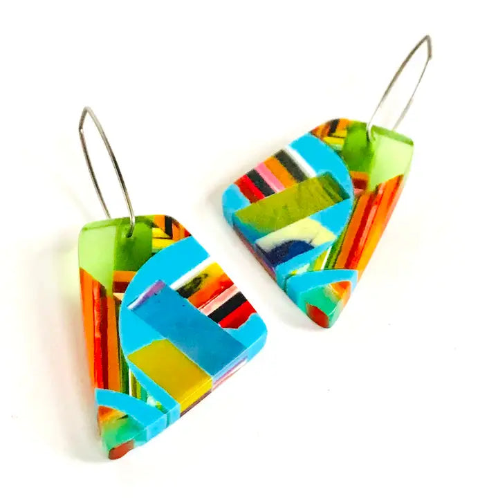 Poly-Resin Trapezoid Mosaic Earrings On Ear Hooks