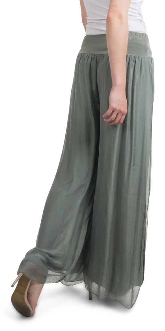 Silk Pant with Side Slits in Olive - Harper Greer