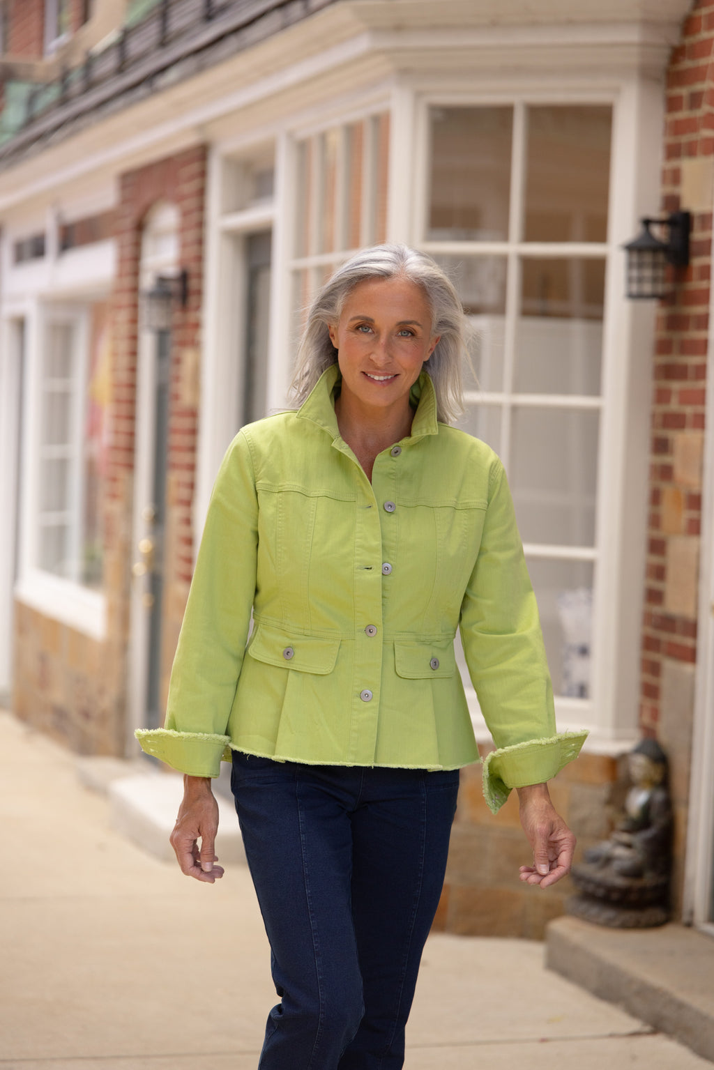 Habitat Stretch Denim Peplum Jacket in Leaf - Harper Greer