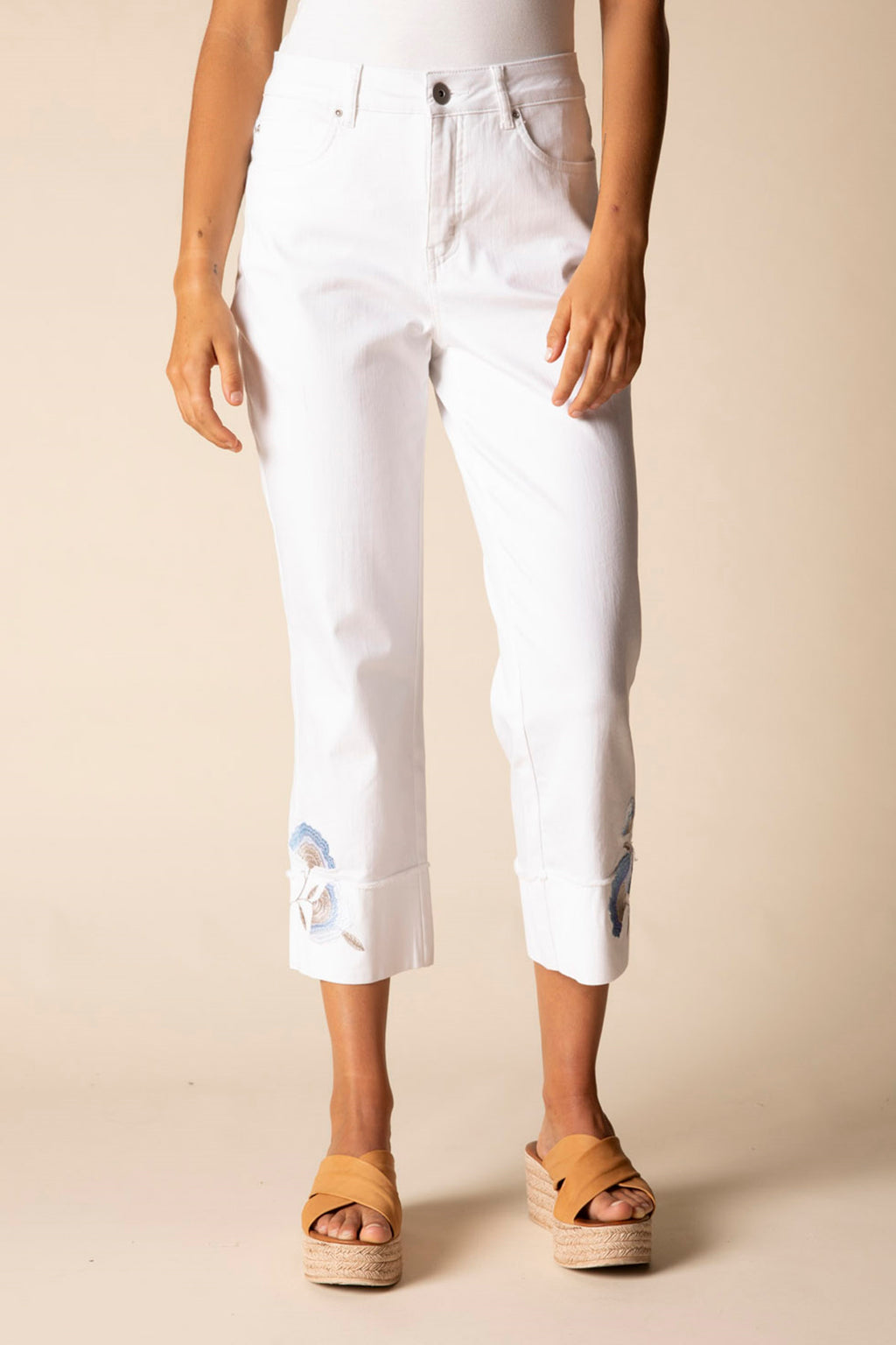 Habitat Stretch Denim Embroidered Cuff Capri in White - Harper Greer