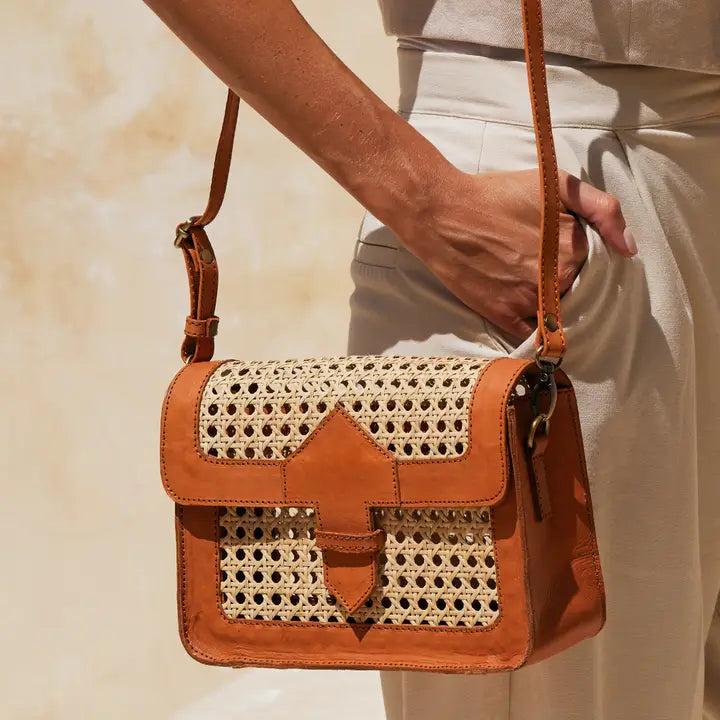 Rattan Cane Weave Convertible Clutch with Leather Trim - Harper Greer