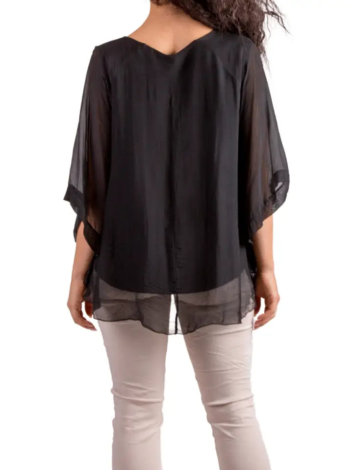 Round Neck Silk Top with Bell Sleeves - Harper Greer
