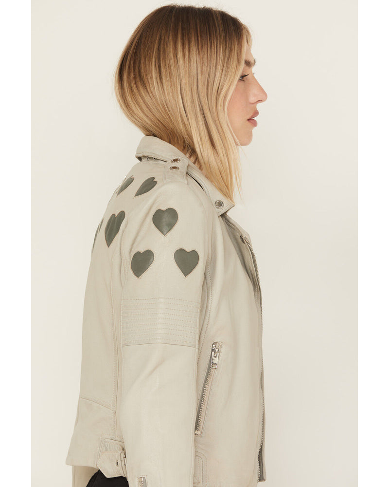 Mauritius Hearts Moto Leather Jacket in Off White & Grey