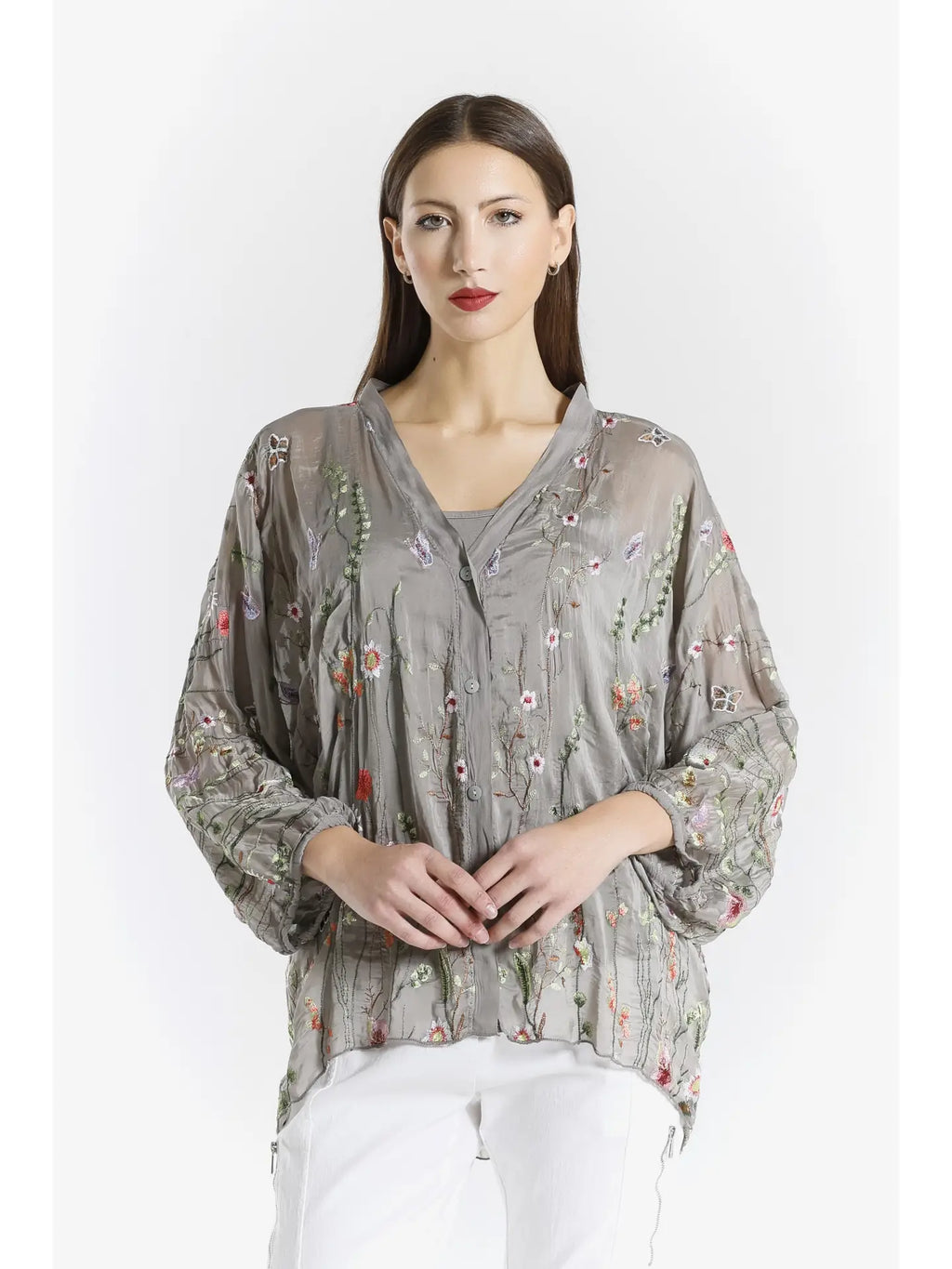 Garden Viola Silk Embroidered Blouse in Taupe - Harper Greer