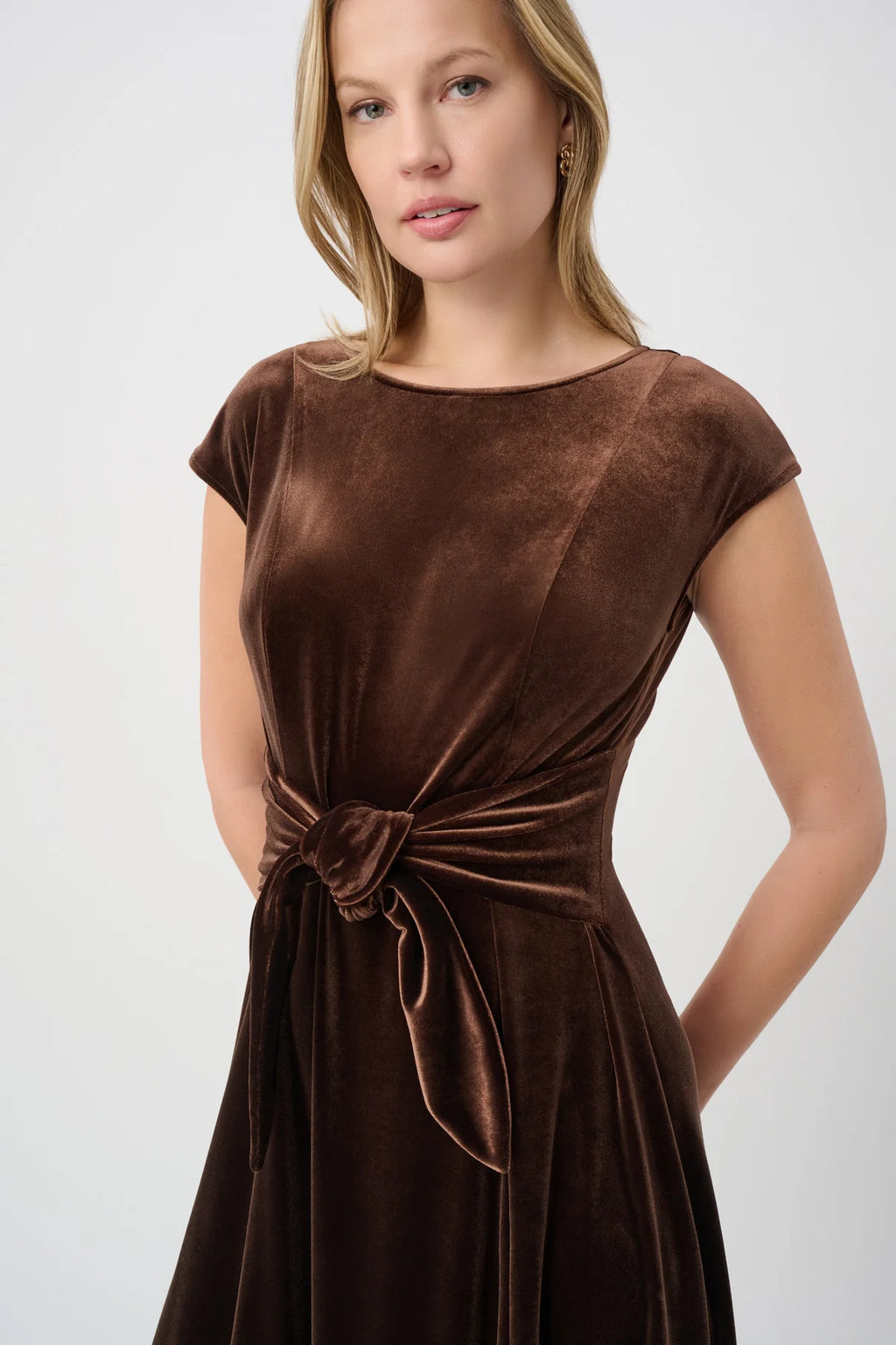 JOSEPH RIBKOFF VELVET FIT & FLARE BELTED DRESS - Harper Greer