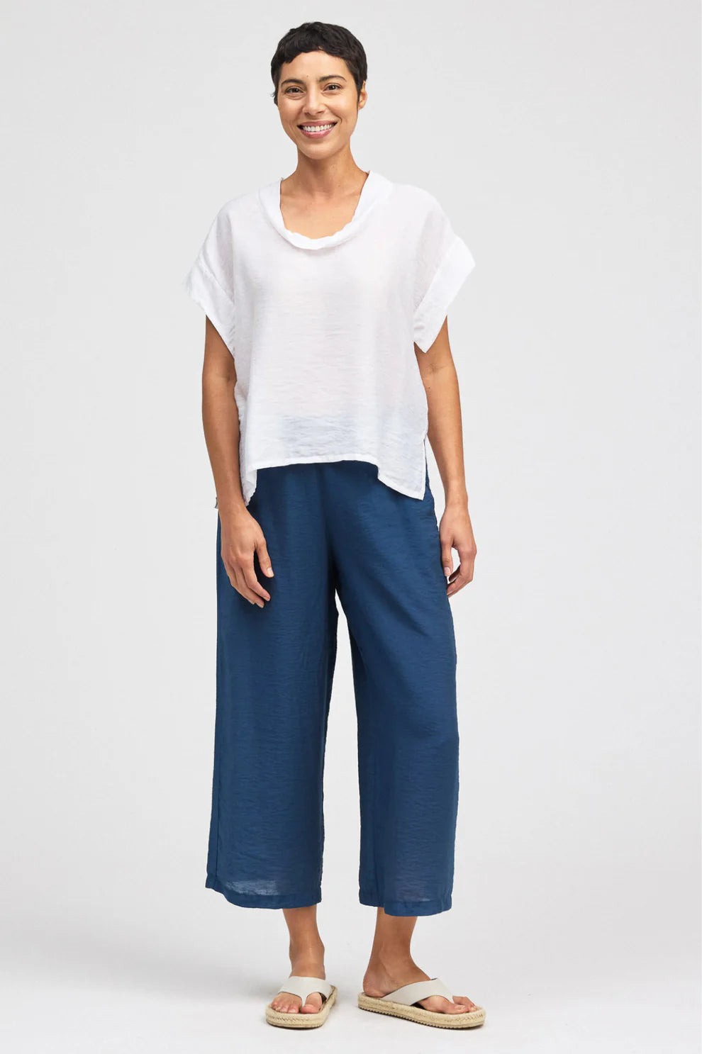 Cut Loose Short Sleeve Cowl Top in White Parachute Cloth - Harper Greer