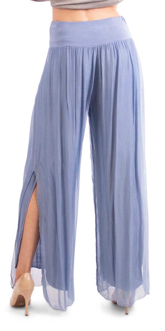 Silk Pant with Side Slits in Blue - Harper Greer