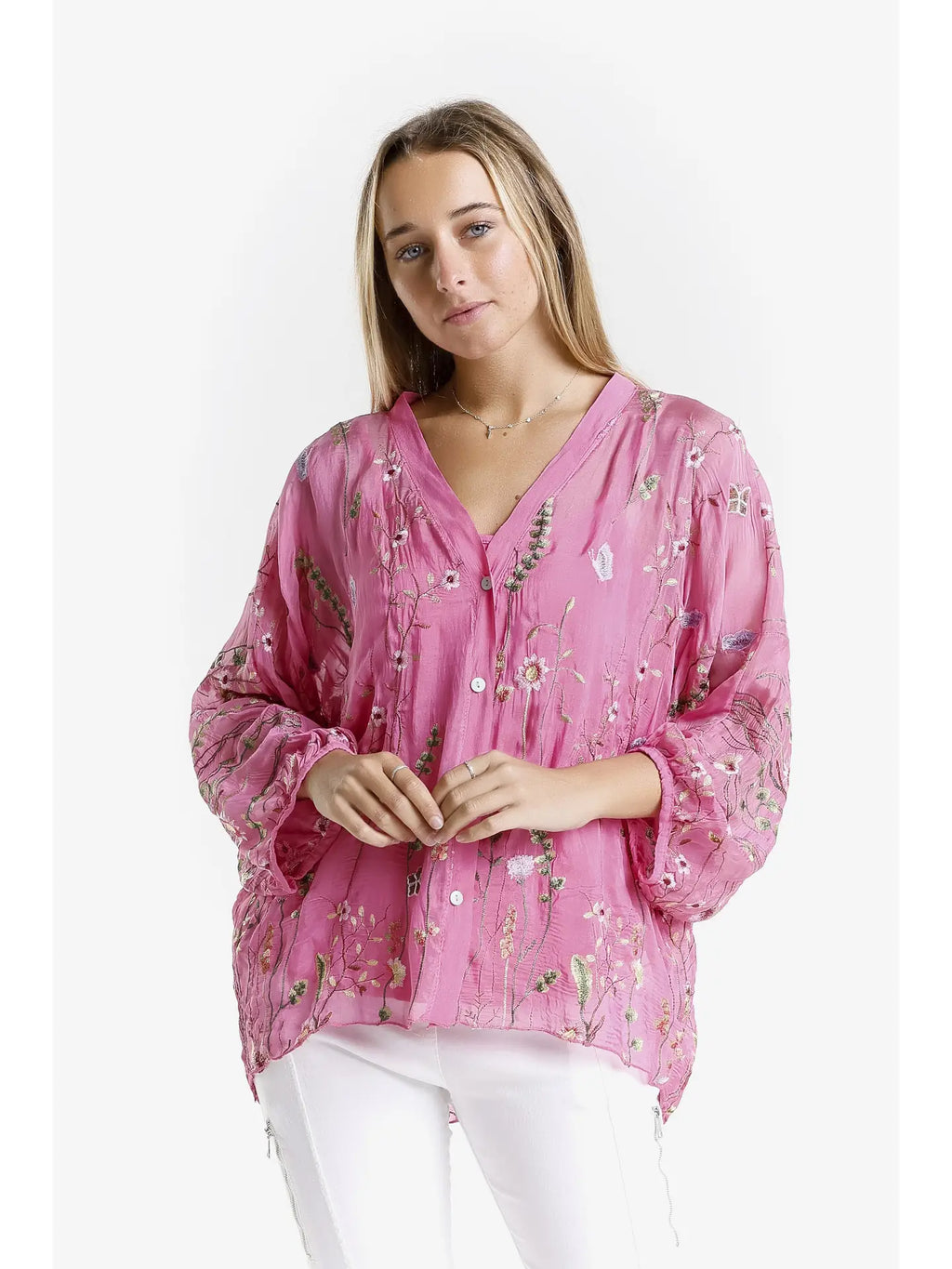 Garden Viola Silk Embroidered Blouse in Fuchsia - Harper Greer