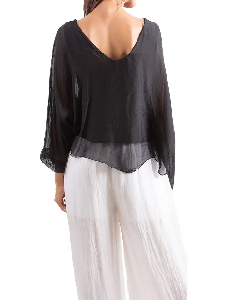 Dolman Sleeve Silk Crop Top in Black - Harper Greer