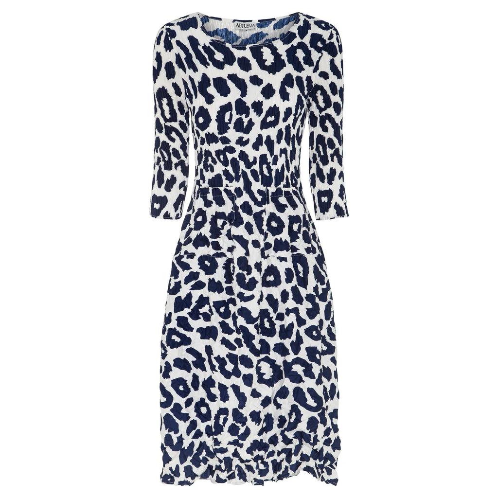 Alquema 3/4 Sleeve Smash Pocket Dress in Indigo Leopard - Harper Greer