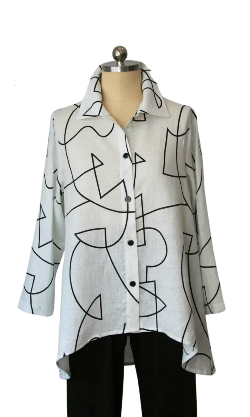 Christopher Calvin Button Front Shirt in Black on White Print