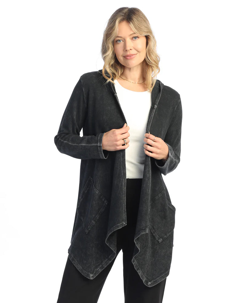 Jess & Jane Cotton Cascading Thermal Cardigan Hoody in Black