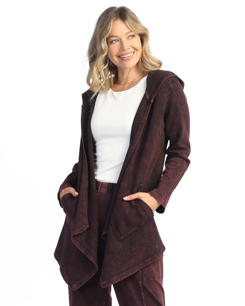 Jess & Jane Cotton Cascading Thermal Cardigan Hoody in Wine