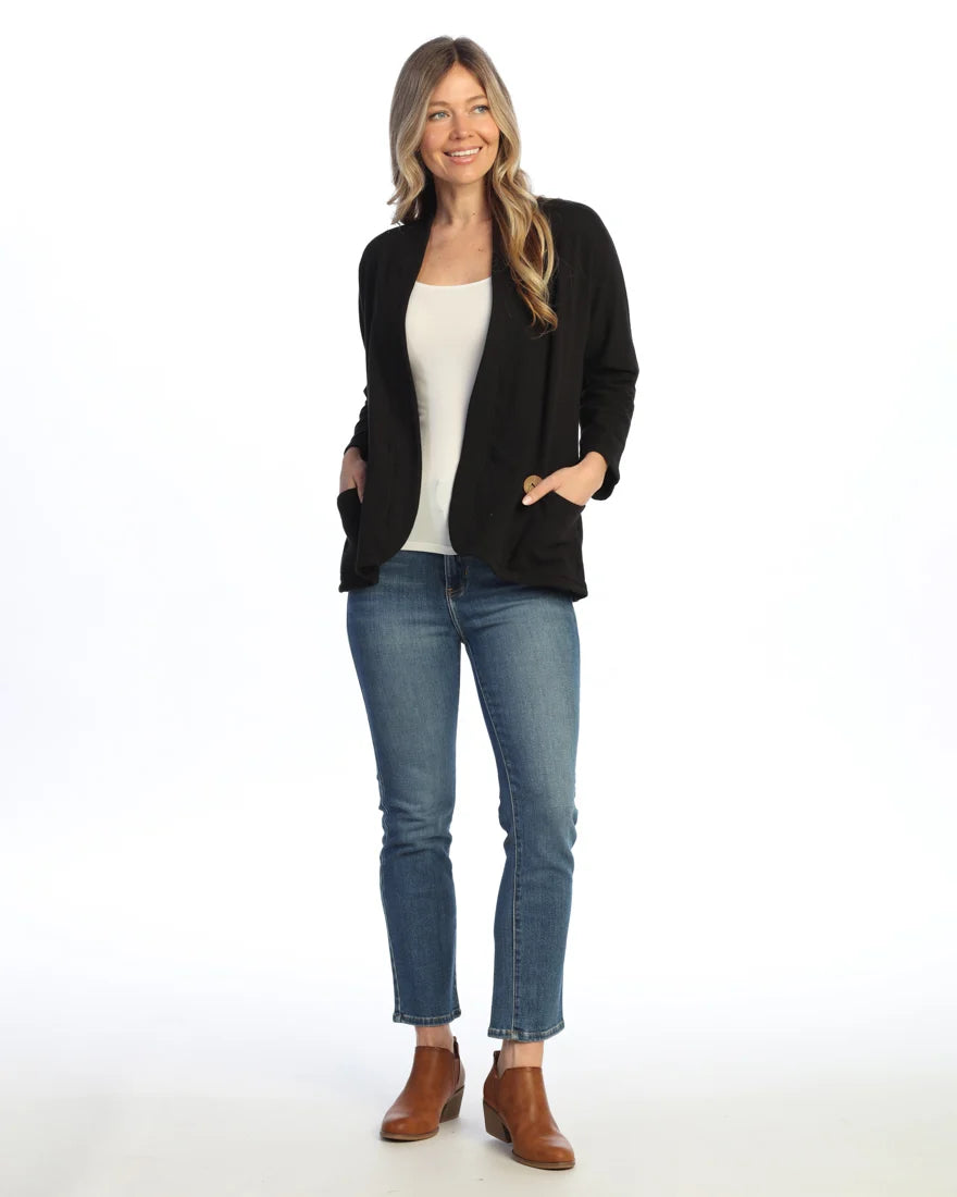 JESS & JANE FLEECE COTTON CARDIGAN IN JET BLACK - Harper Greer