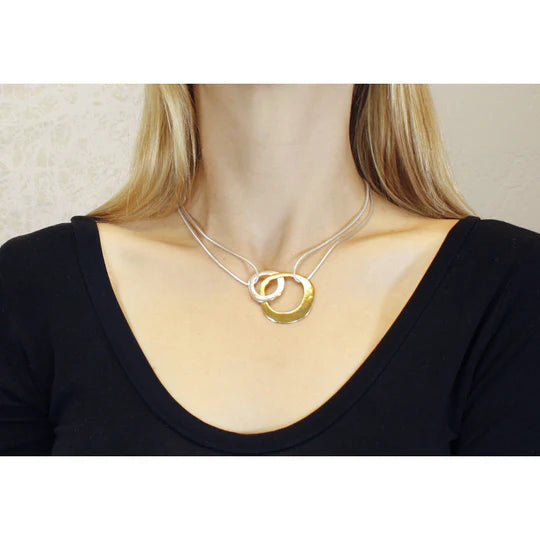 M Baer Interlocking Rings Necklace in Brass/Silver