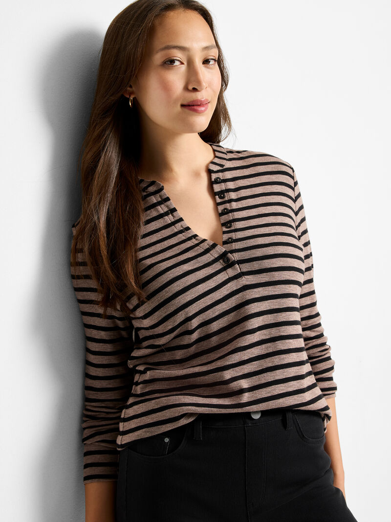 Nic + Zoe Striped Long Sleeve Henley Tee