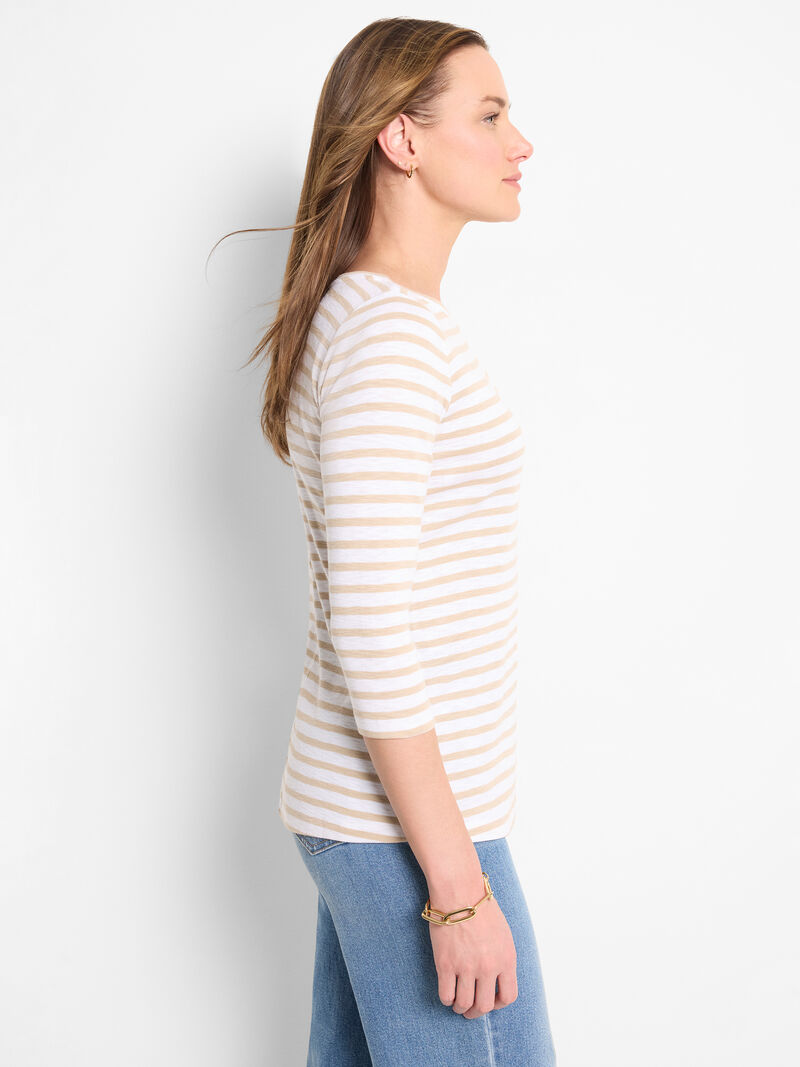 Nic + Zoe 3/4 Sleeve Stripe Boatneck in Neutral