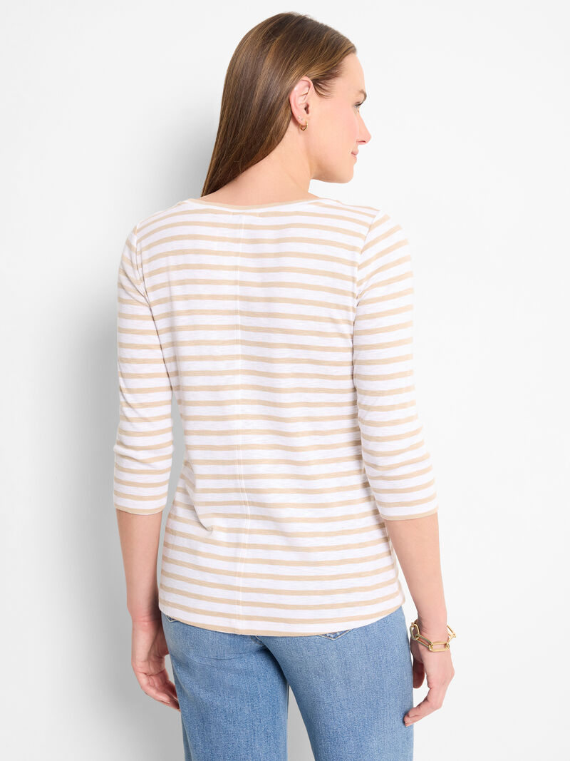 Nic + Zoe 3/4 Sleeve Stripe Boatneck in Neutral