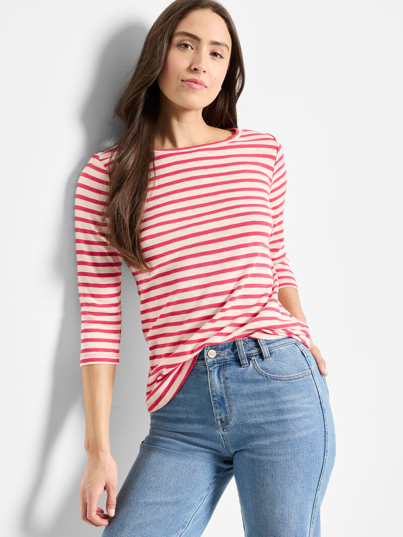 Nic + Zoe 3/4 Sleeve Stripe Boatneck in Pink