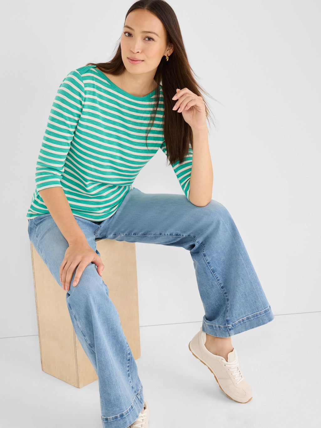Nic + Zoe 3/4 Sleeve Stripe Envelope Boat Tee in Green - Harper Greer