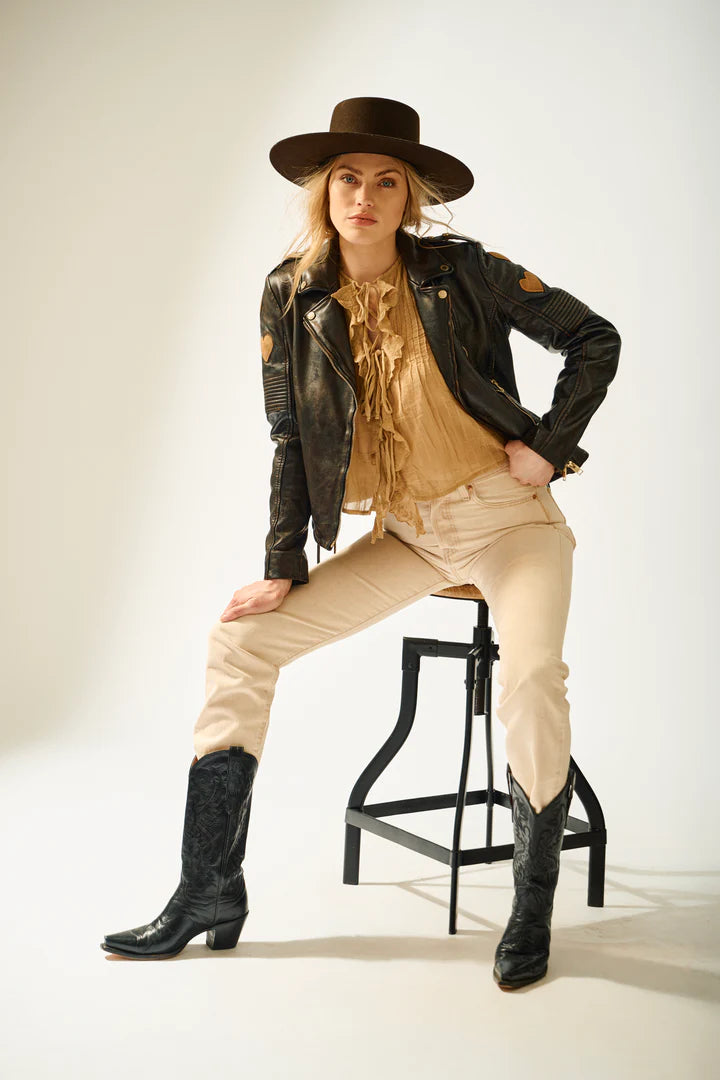 Mauritius Hearts Moto Leather Jacket in Black & Cognac