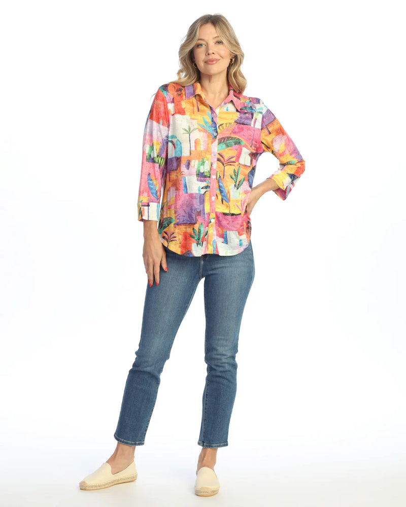 Jess & Jane Cancun Button Down Shirt with 3/4 Cuff Sleeve