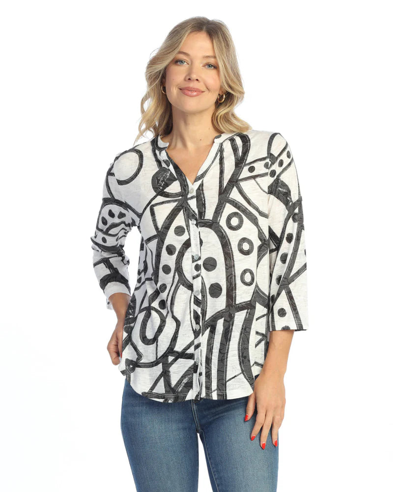 Jess & Jane Mandarin Collar Button Down Cay Top