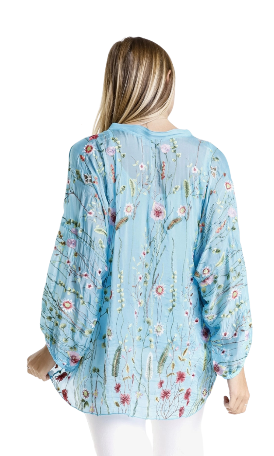 Garden Viola Silk Embroidered Blouse in Turquoise - Harper Greer