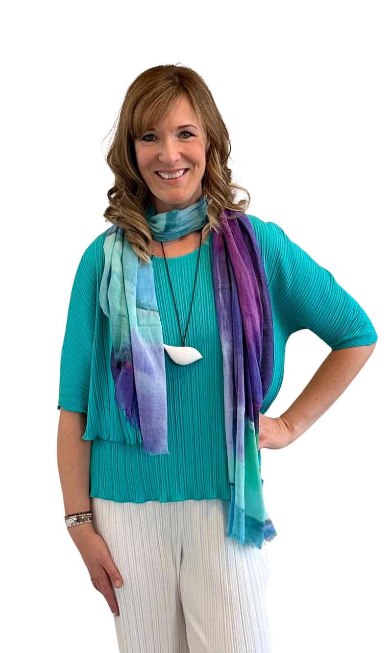 Fenini Elbow Sleeve Pleat Knit Cardigan in Turquoise