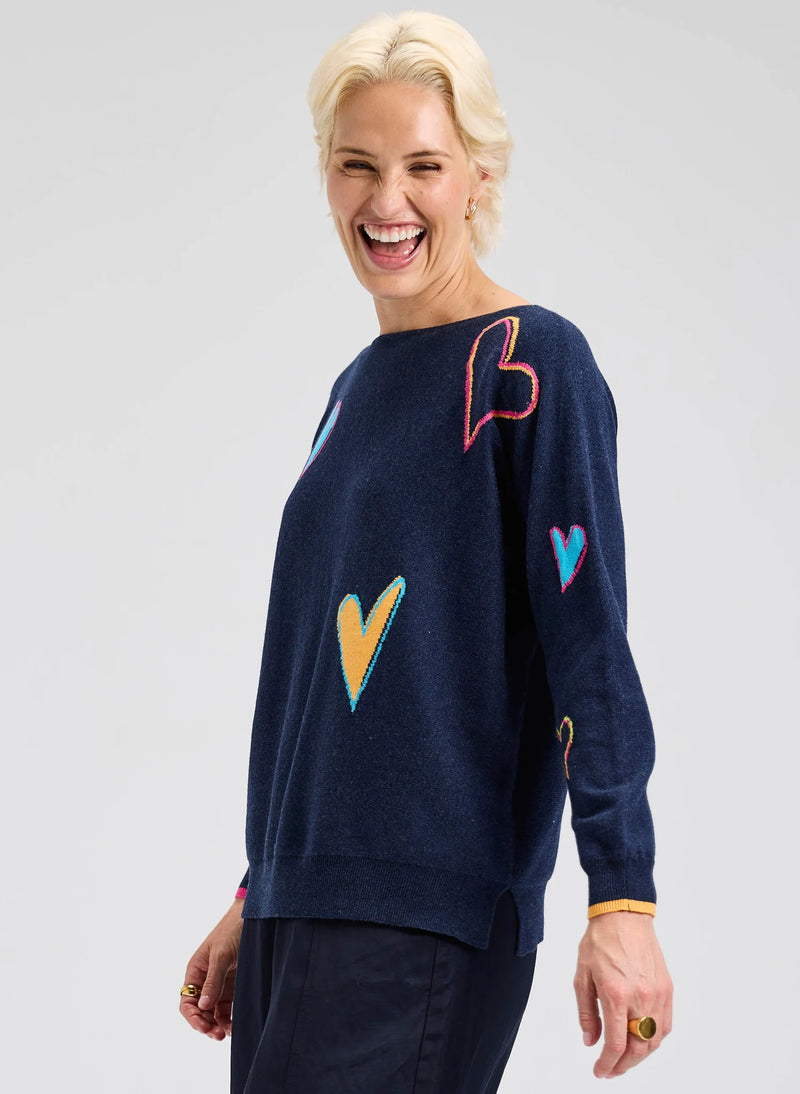 Zaket & Plover Intarsia Hearts Sweater in Dark Denim