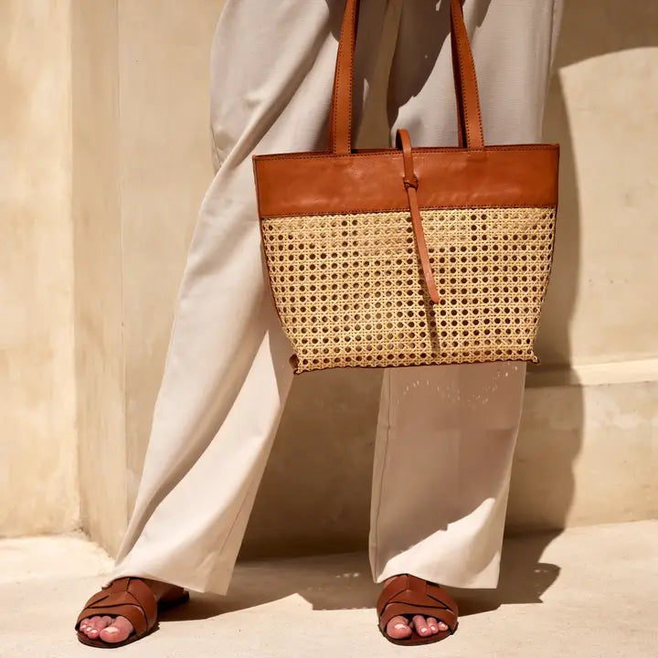 Rattan Cane Weave Tote Bag with Brown Leather Trim - Harper Greer