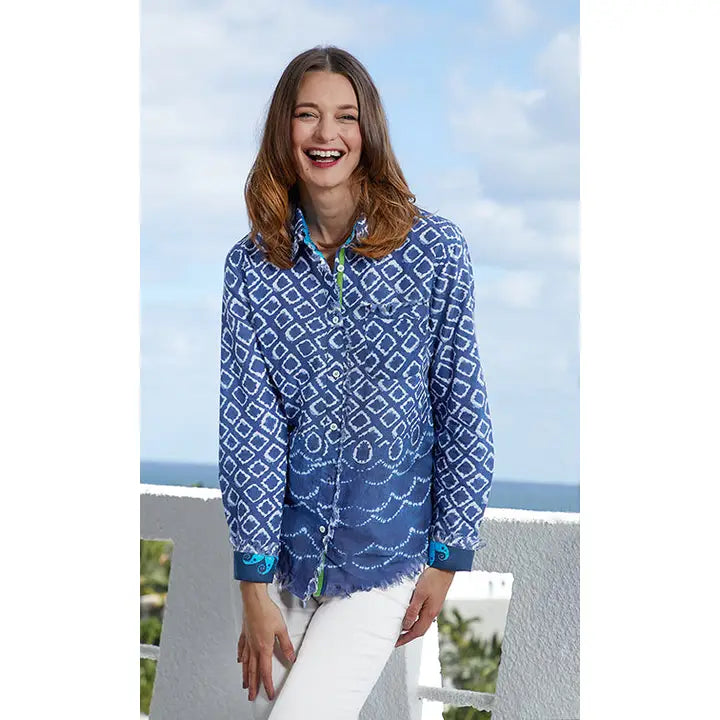 Dizzy Lizzie Cape Cod Blouse in Navy Ikat