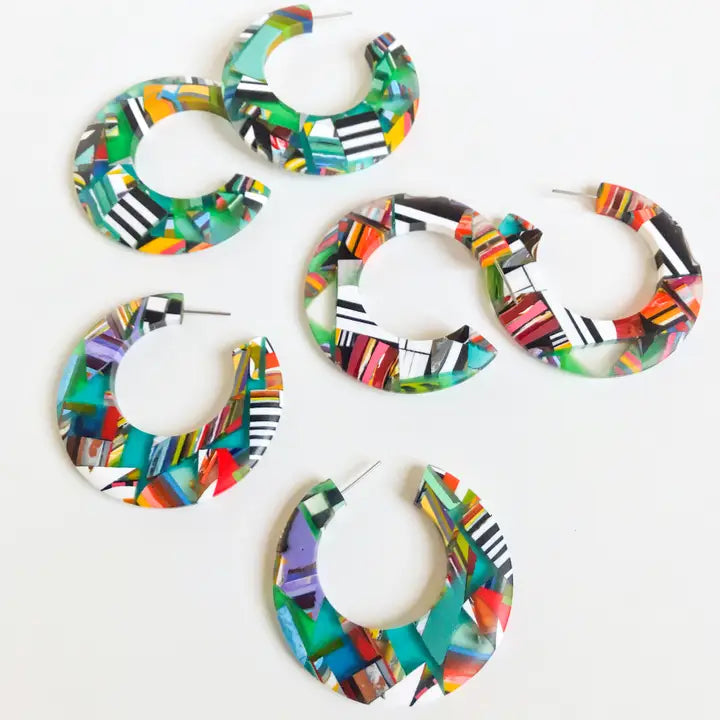 Poly Resin Statement Hoop Stud Mosaic Earrings